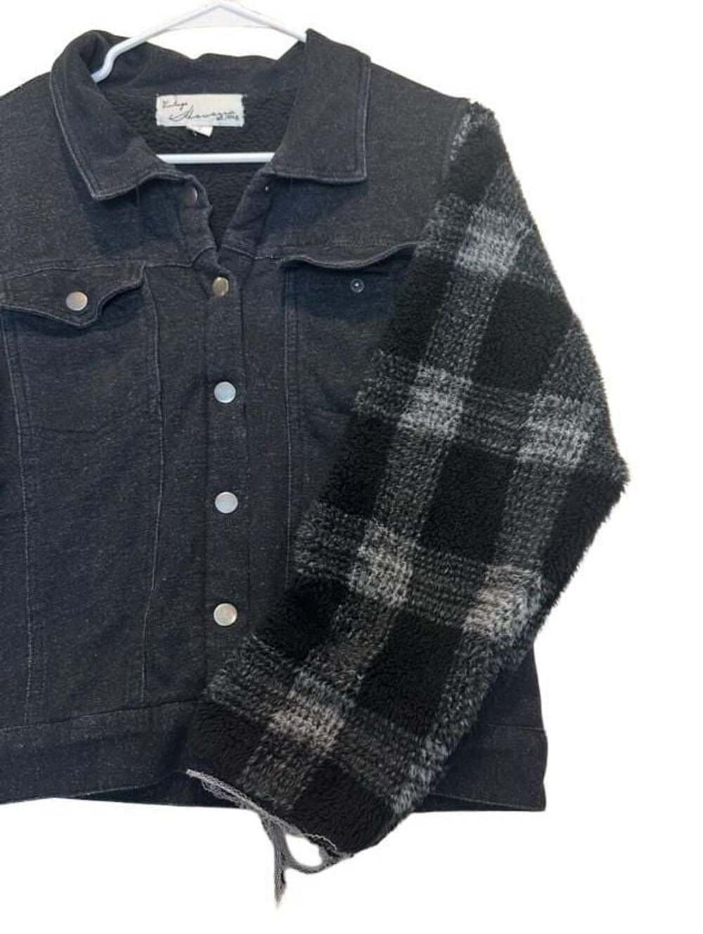 Vintage Havana Black Denim and Buffalo Plaid Sherpa Jacket with Raw Edge Cuffs